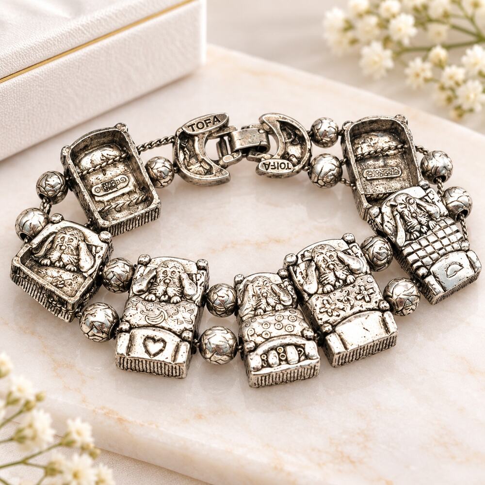 Vintage TOFA Sleeping Hound Dogs Bracelet 1995 Whimsical Kitsch Dog Mom